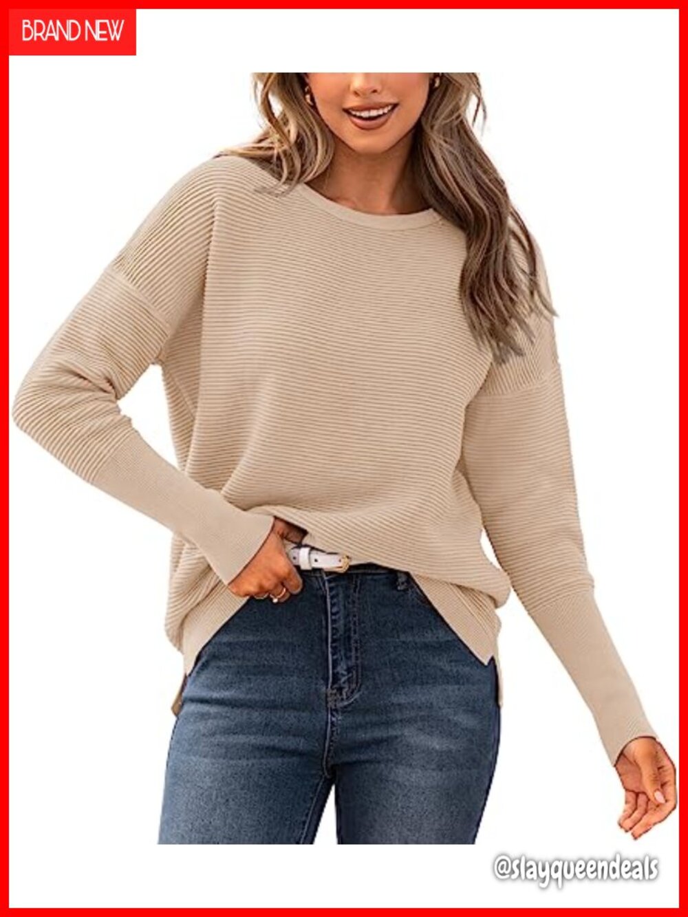 Women's Ribbed Knit Batwing Sweater Long Sleeve Loose Fit Pullover